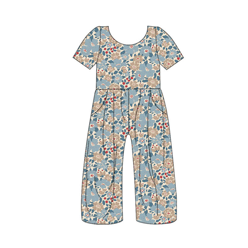 Preorder (moq 5)Baby Girls Short Sleeve Colorful Flowers Pockets Pants Jumpsuits