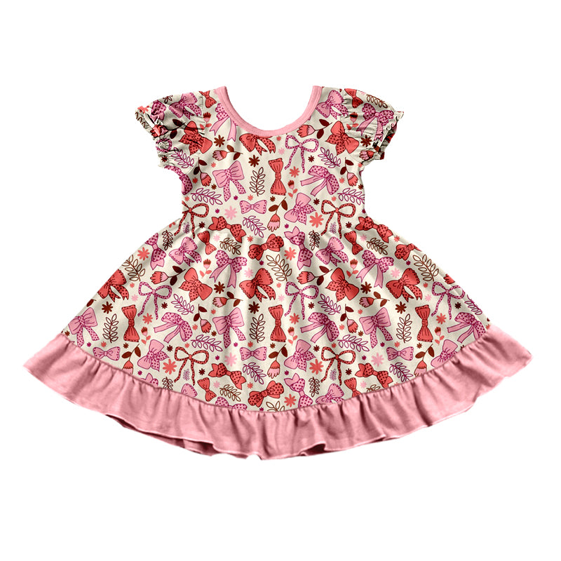 Preorder (moq 5)Baby Girls Pink Flowers Bows Ruffle Knee Length Dresses