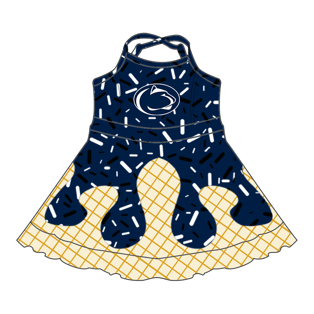 Preorder (moq 5)Baby Girls Strap Navy Cheetah Drip Shorts Ruffle Team Knee Length Dresses