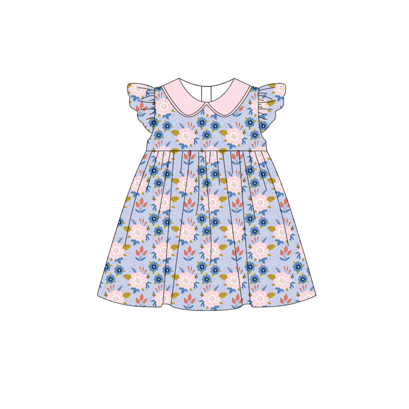 Preorder (moq 5)Baby Girls Pink Blue Flowers Knee Length Dresses