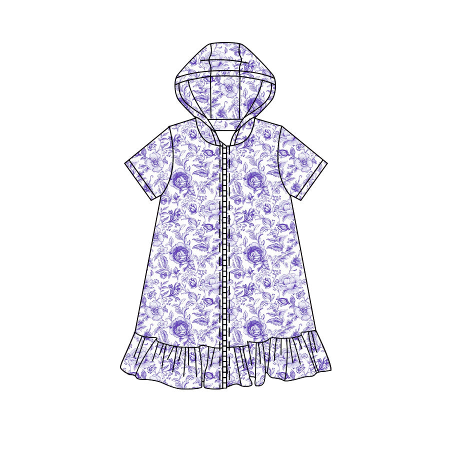 Preorder moq 5 Baby Girls Short Sleeve Purple Flowers Fall Zip Ruffle Knee Length Dresses