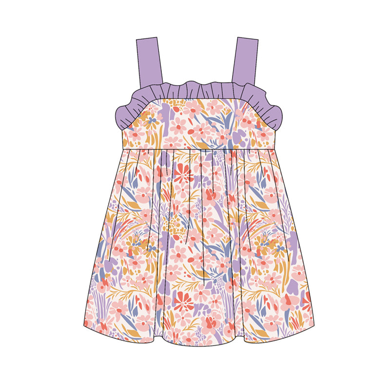 Preorder (moq 5)Baby Girls Purple Strap Watercolor Floral Knee Length Dress