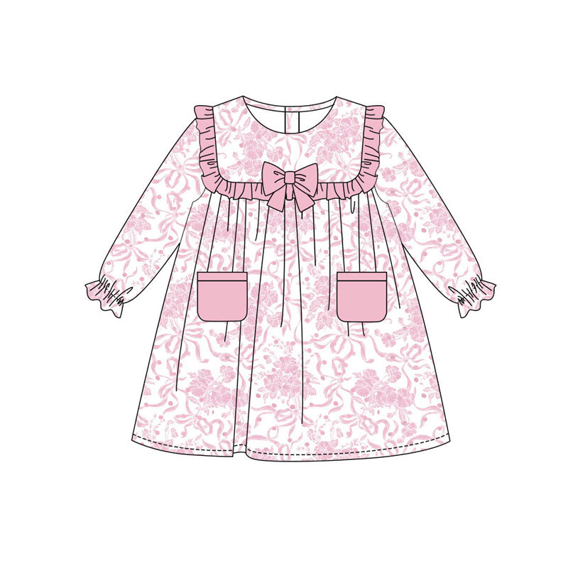 Preorder(moq 8)Baby Girls Pink Flowers Bows Pockets Ruffle Sleeve Knee Length Dresses