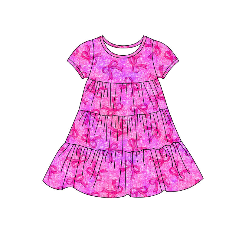 Preorder(moq 5) Baby Girls Hot Pink Bows Patchwork Ruffle Knee Length Dresses