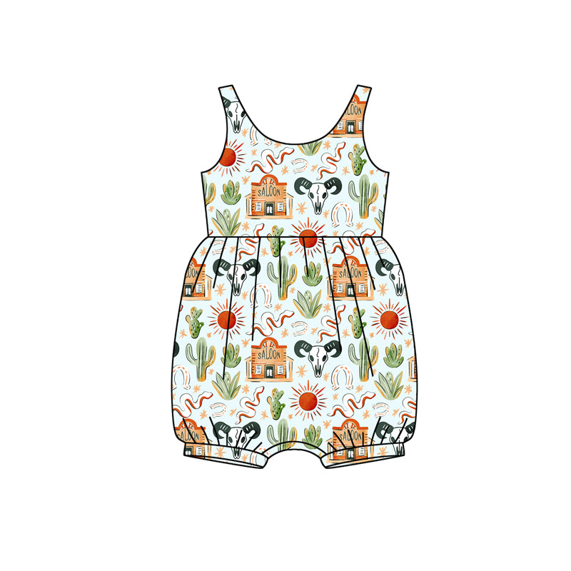 Preorder (moq 5)Baby Girls Sleeveless Cactus Bull Skulls Western Ruffle Rompers