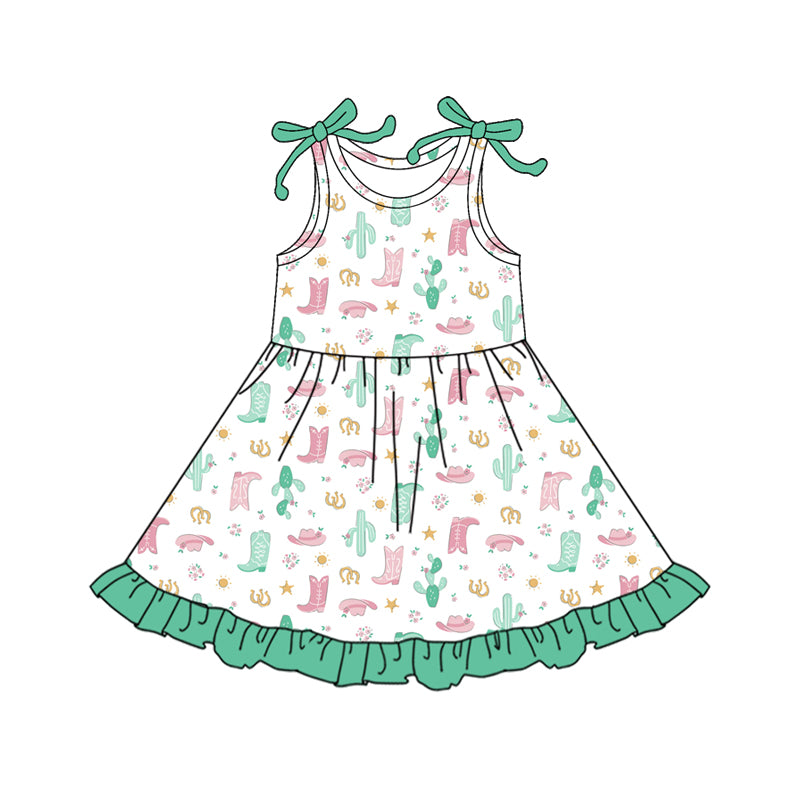 Preorder (moq 5)Baby Girls Bows Sleeveless Boots Hats Cactus Western Ruffle Knee Length Dresses