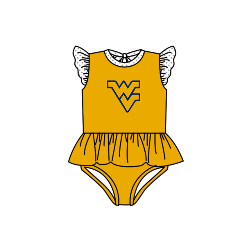 Preorder moq 5 Baby Girls Yellow Flutter Sleeve WV Team Swimsuits