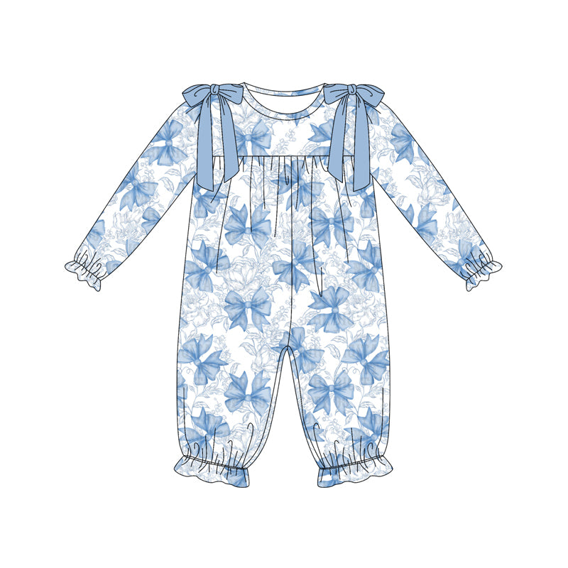 Preorder (moq 5)Baby Girls Long Ruffle Sleeves Blue Flowers Bows Plaid Pant Romper