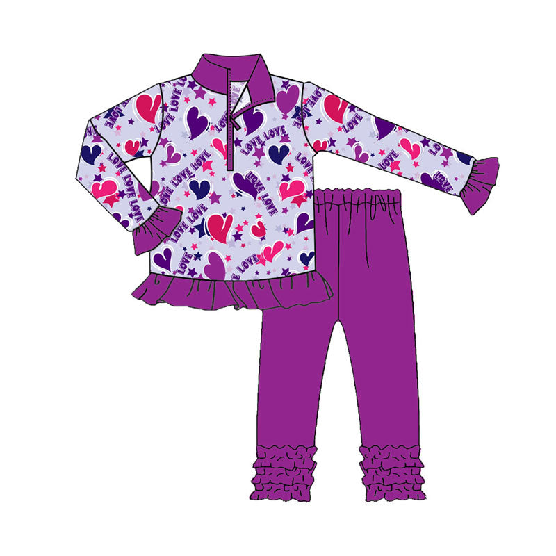 Preorder(moq 5) Baby Girls Purple Hearts Zipper Pullovers Ruffle Leggings Valentine Clothes Sets