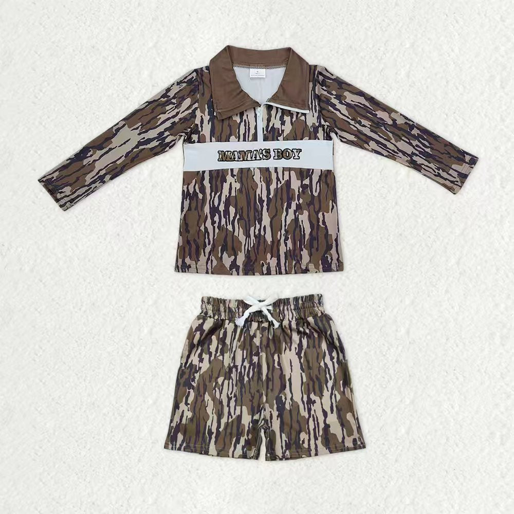 Baby Boys Southern Olive Camo Embroidery Mama's Boy Zip Pullover Pockets Shorts Clothes Sets