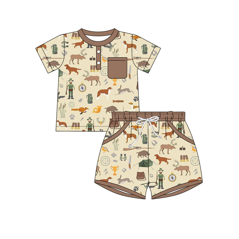 Preorder(moq 5) Baby Boys Deer Dogs Button Top Pocket Shorts Hunting Clothes Sets