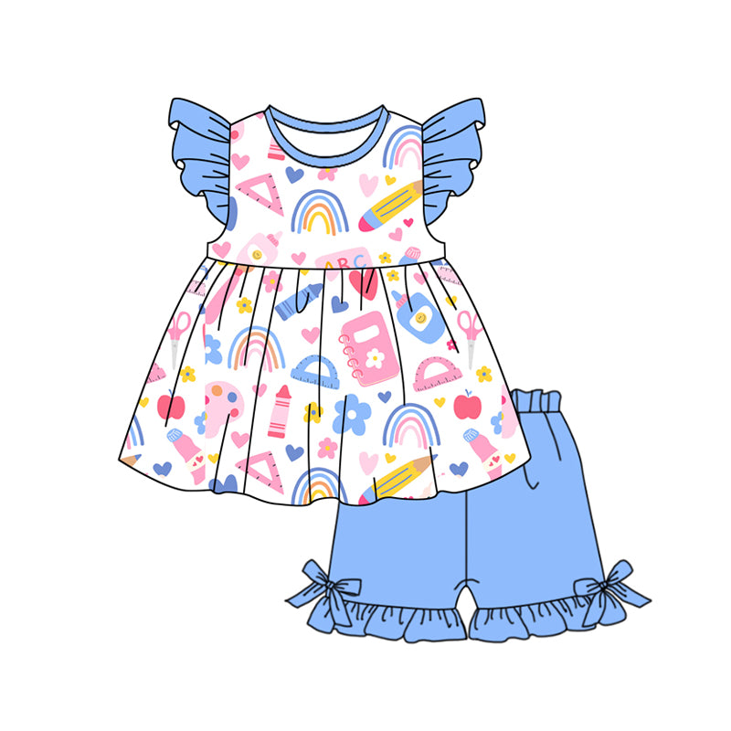 Preorder (moq 5)Baby Girls Hearts Pencils Tunic Ruffle Shorts Back to School Clothes Set