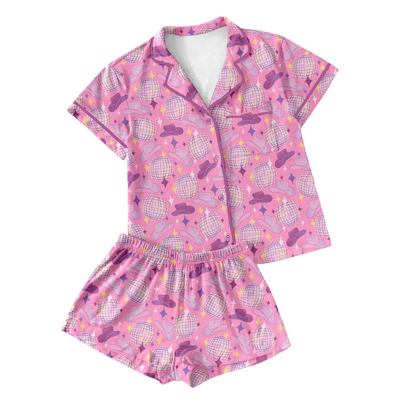 Preorder moq 5 Adult Women Pink Stars Hats Button Pockets Top Shorts Western Pajamas Sets