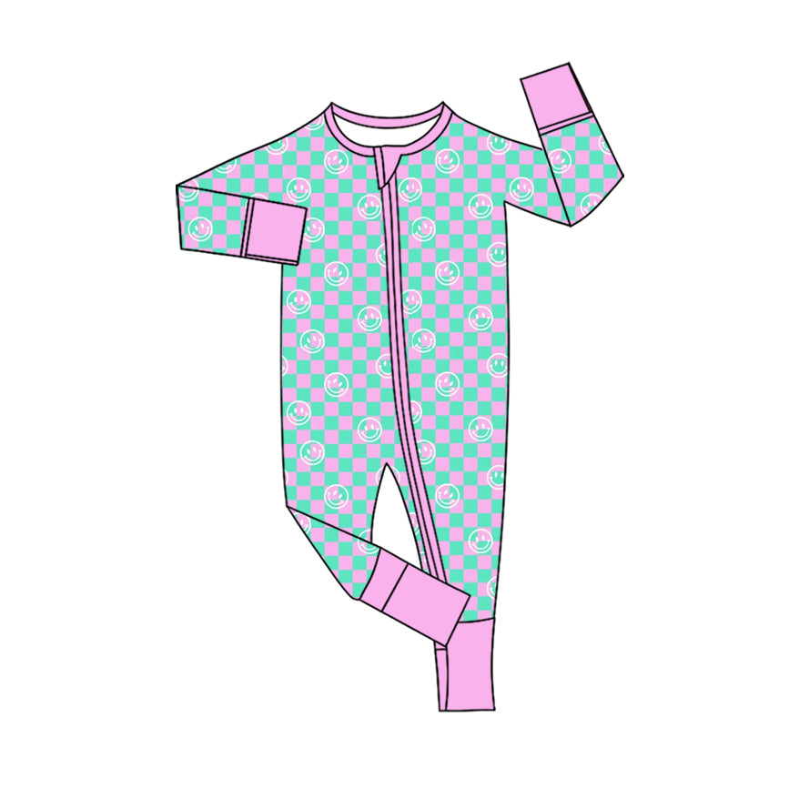 Preorder (moq 20)Baby Girls Bamboo Pink Green Checked Smiles Zipper Footie Rompers