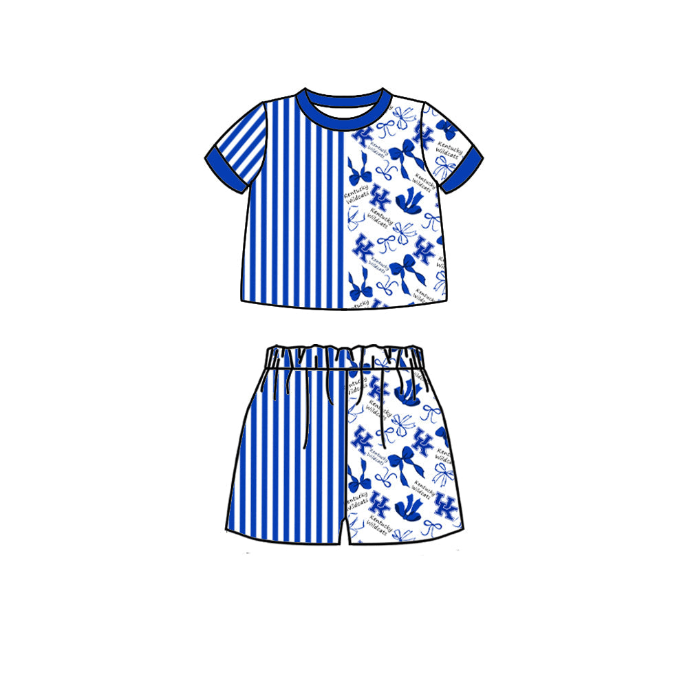 Preorder (moq 5)Baby Girls Blue Stripe Bows UK Shirt Top Short Team Clothes Set