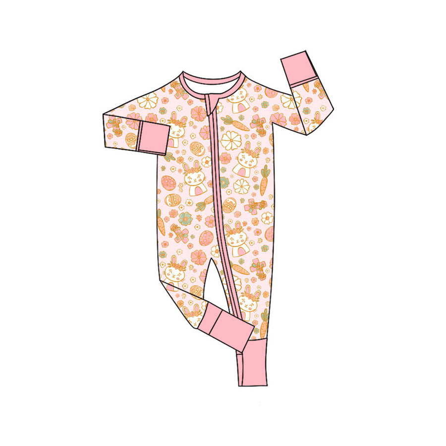 Preorder (moq 5)Baby Girls Carrots Rabbits Eggs Easter Two Way Zip Convertible Rompers