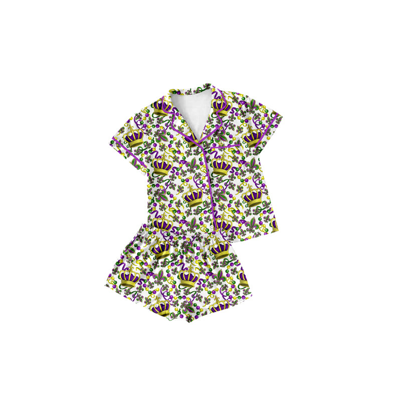 Preorder (moq 5) Baby Girl Clothes Mardi Gras Crown Fleur De Lis Bead Print Short Sleeve Button Pajama Short Set