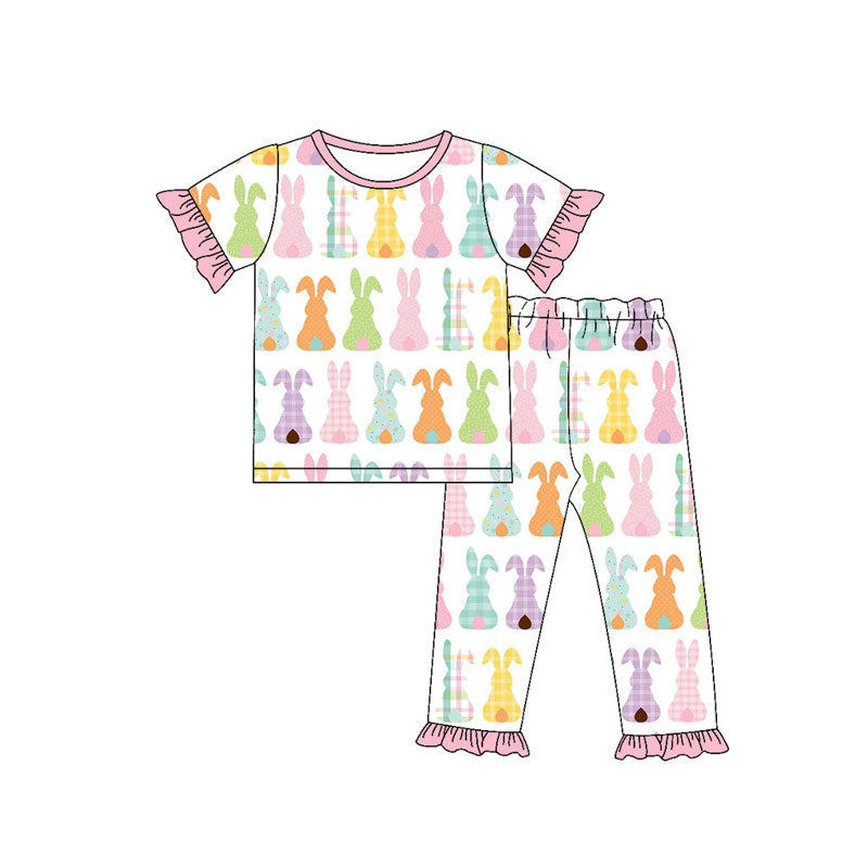 Preorder(moq 8)Baby Girls Colorful Rabbits Stripes Top Ruffle Pant Easter Pajamas Sets