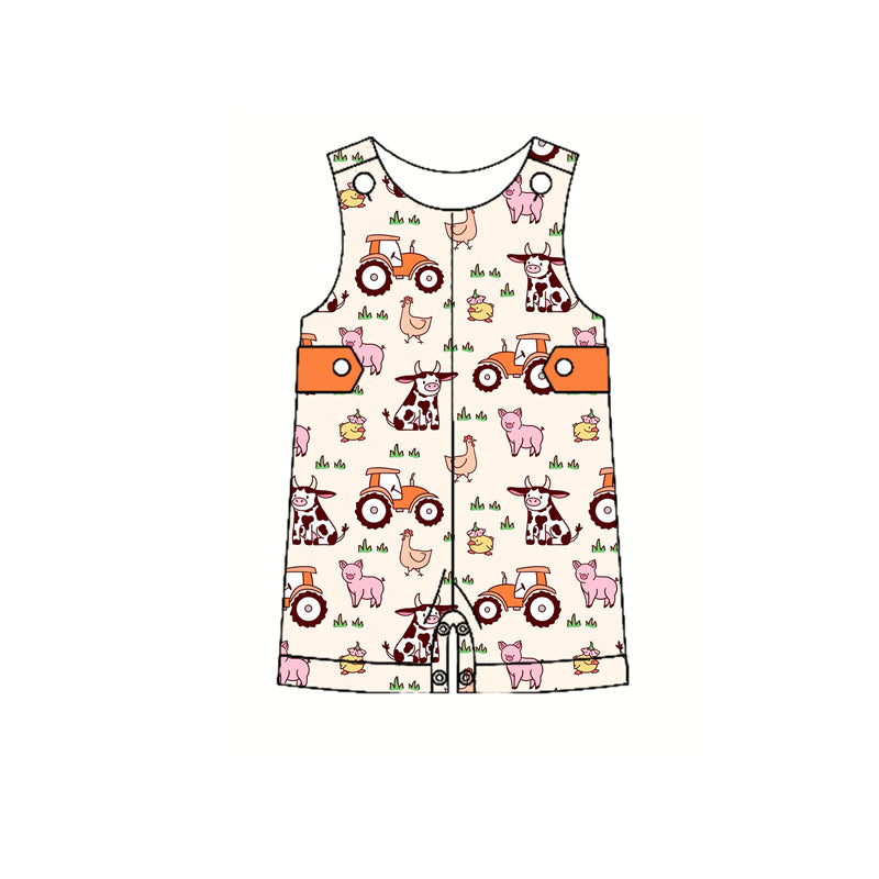 Preorder(moq 5)Baby Infant Boys Orange Sleeveless Button Top Cows Pigs Summer Farm Rompers