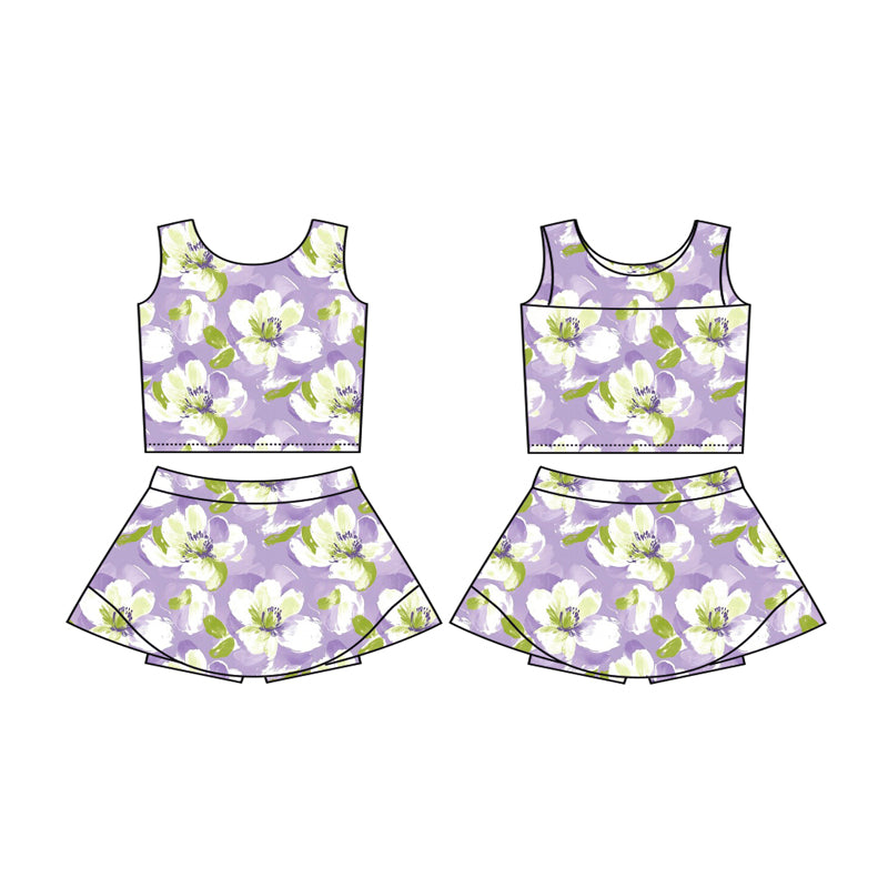 Preorder (moq 5)Baby Girls Sleeveless Lavender Flowers Vest Top Skorts Yoga Set
