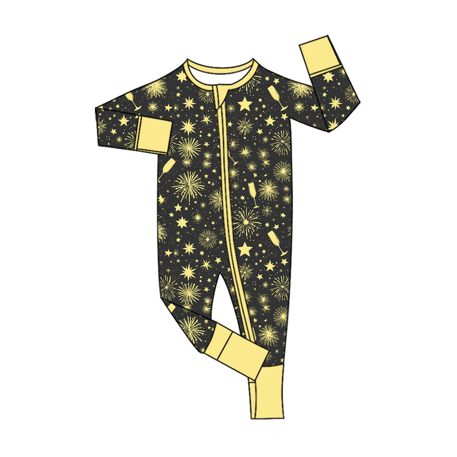Preorder (moq 5) Baby Girls Stars Fireworks Happy New Year Two Way Zip Convertible Rompers