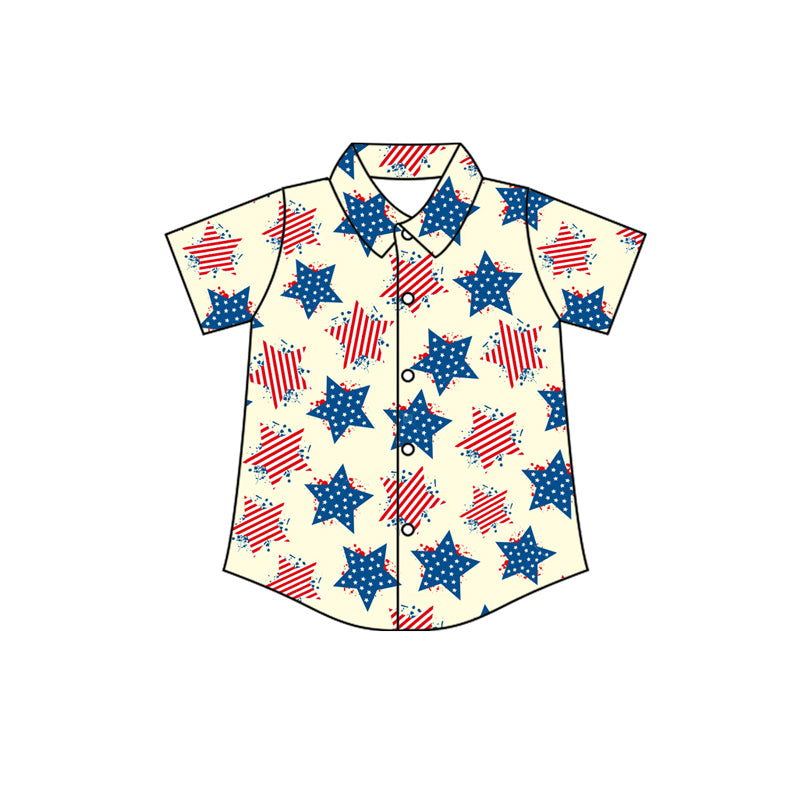 Preorder (moq 5)Baby Boys Short Sleeve Stars 4th of July Button Shirts Top