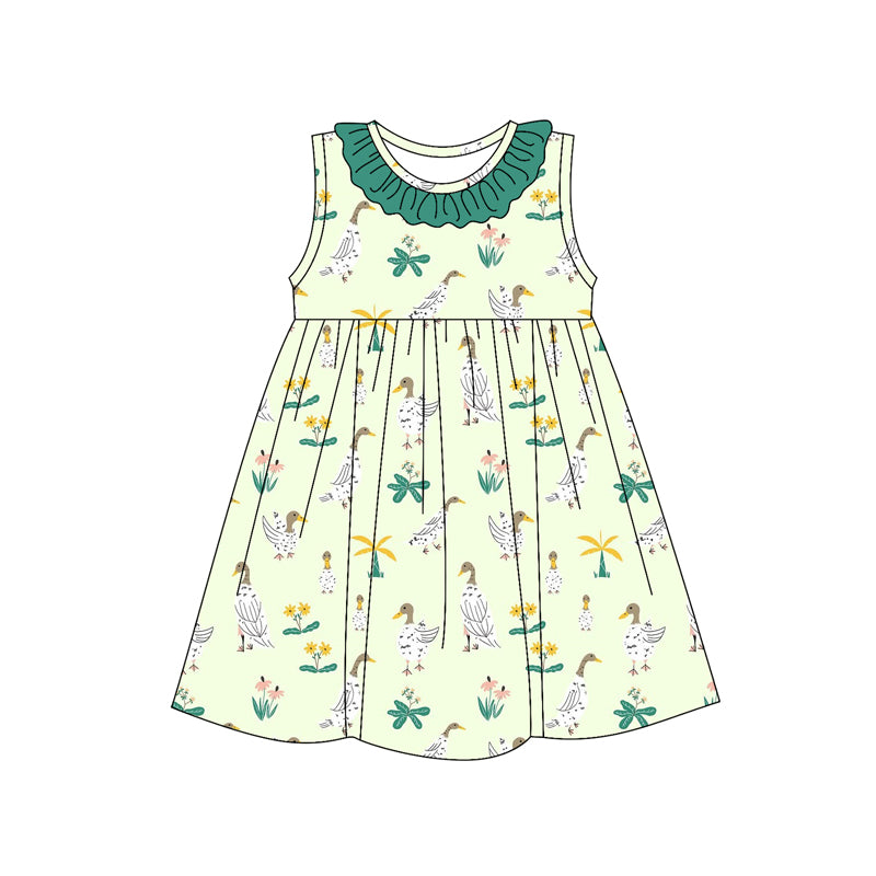 Preorder (moq 5)Baby Girls Green Sleeveless Floral Ducks Round Collar Knee Length Dresses