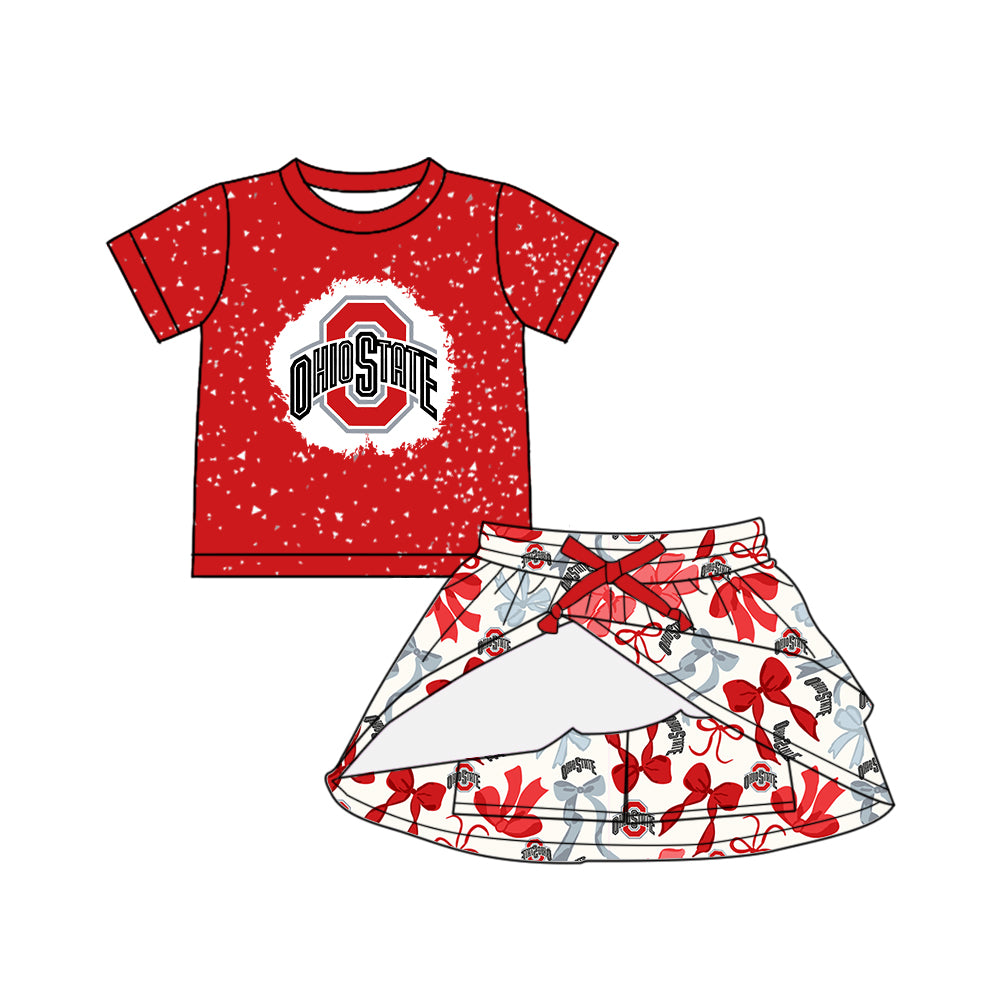 Preorder (moq 5)Baby Girls Red Short Sleeves Ohio State Top Bows Plaid Skorts Team Set