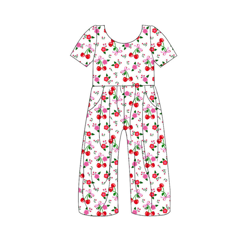 Preorder (moq 5)Baby Girls Short Sleeve Flower Bows Cherry Pockets Pants Jumpsuits