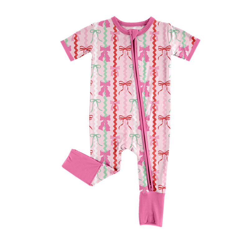Preorder (moq 8)Baby Girls Red Green Bows Stripe Christmas Zipper Footie Rompers