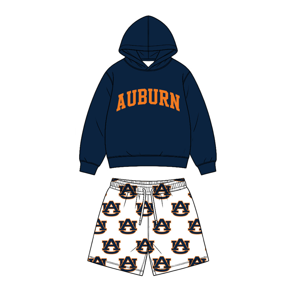 Preorder (moq 5) Baby Boy Clothes Auburn Letter Logo Print Long Sleeve Hoodie & Elastic Waist Short Set