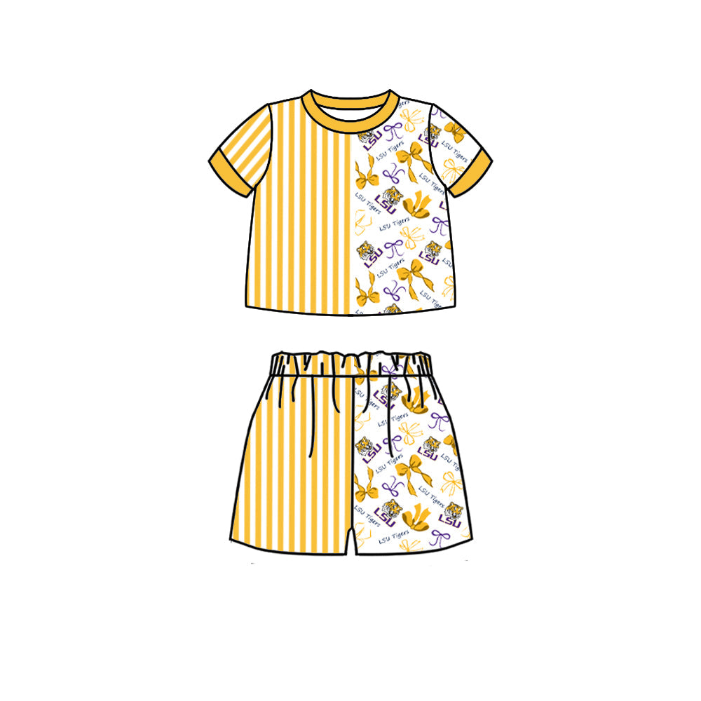 Preorder (moq 5)Baby Girls Orange Stripe Bows LSU Tigers Shirt Top Short Team Sets