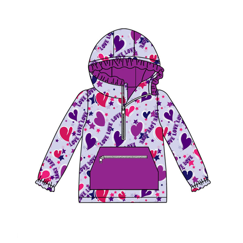 Preorder(moq 5) Baby Girls Purple Hearts Loves Zipper Pockets Valentine Ruffle Hoodies Top
