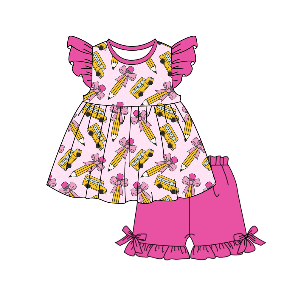 Preorder (moq 5)Baby Girls Bow Pencils Bus Tunic Ruffle Shorts Back to School Clothes Set