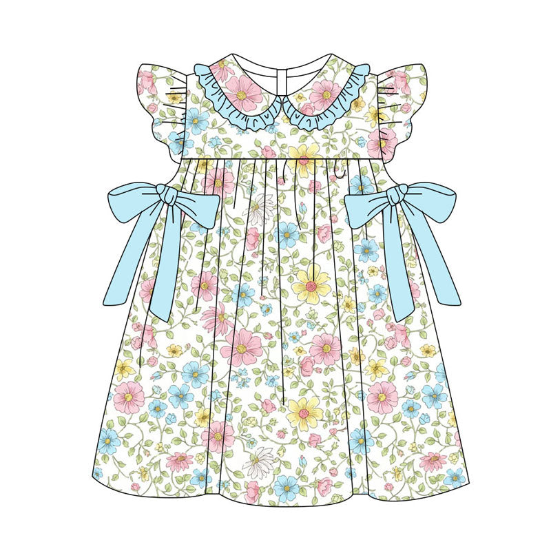 Preorder(moq 5) Baby Girls Flutter Sleeve Pink Blue Flowers Bows Knee Length Dresses