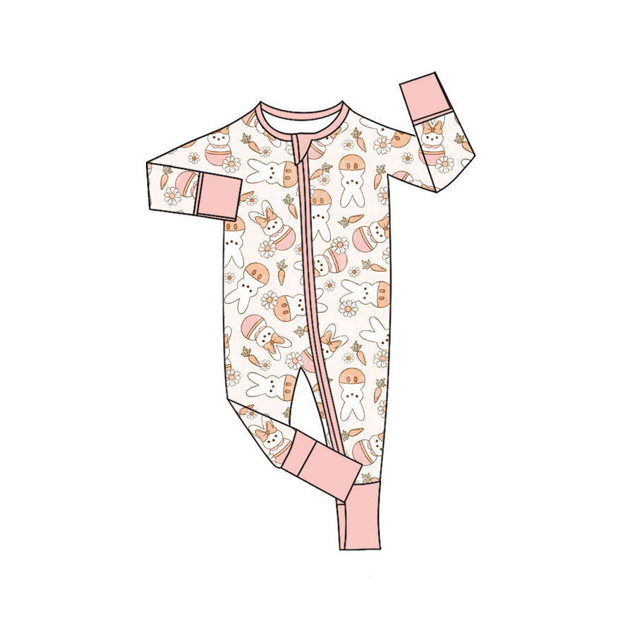 Preorder (moq 5)Baby Girls Carrots Rabbits Easter Two Way Zip Convertible Rompers