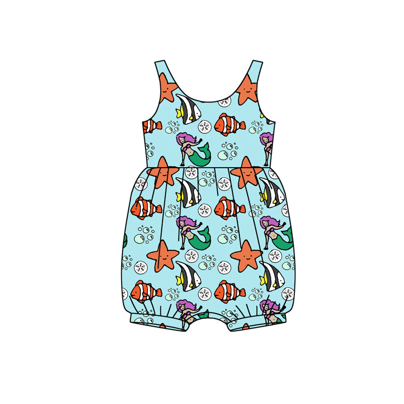 Preorder (moq 5)Baby Girls Sleeveless Cartoon Mermaid Fishes Ruffle Rompers