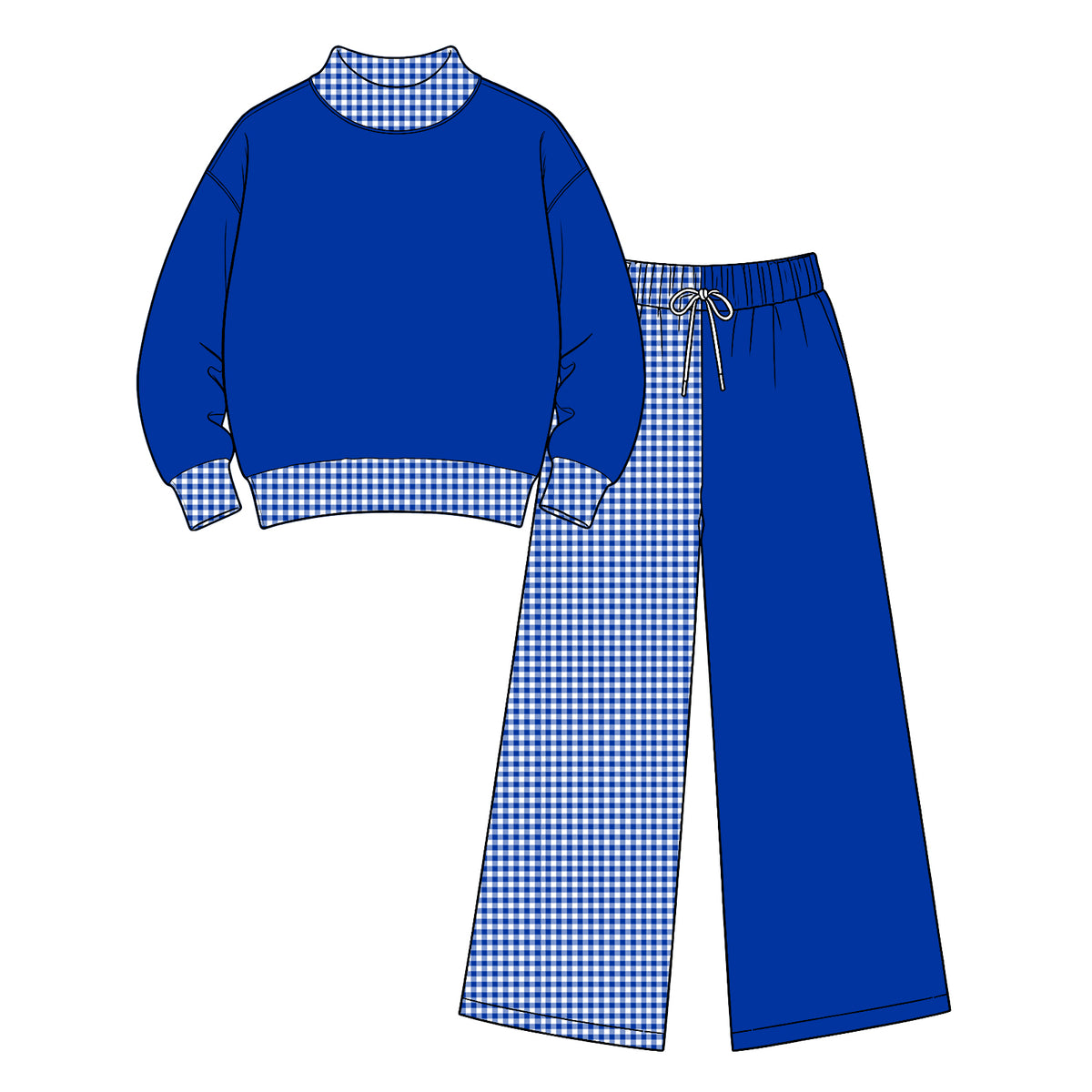 Preorder (moq 5) Baby Girl Clothes Solid Royal Blue Gingham Contrast Print Long Sleeve Wide Leg Pant Boutique Outfit Set