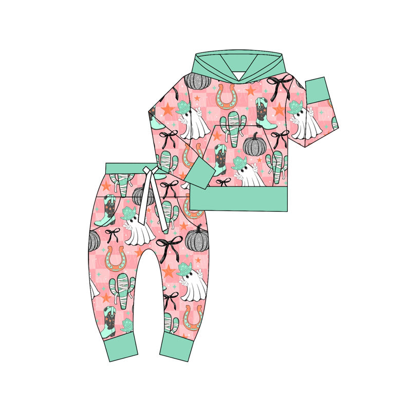 Preorder moq 5 Baby Girls Halloween Ghost Bows Cactus Hoodies Top Pant Set