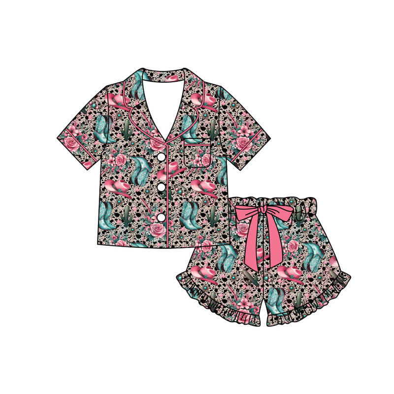 Preorder (moq 5)Baby Girls Turquoise Boot Hats Pocket Button Top Ruffle Short Western Pajamas Sets