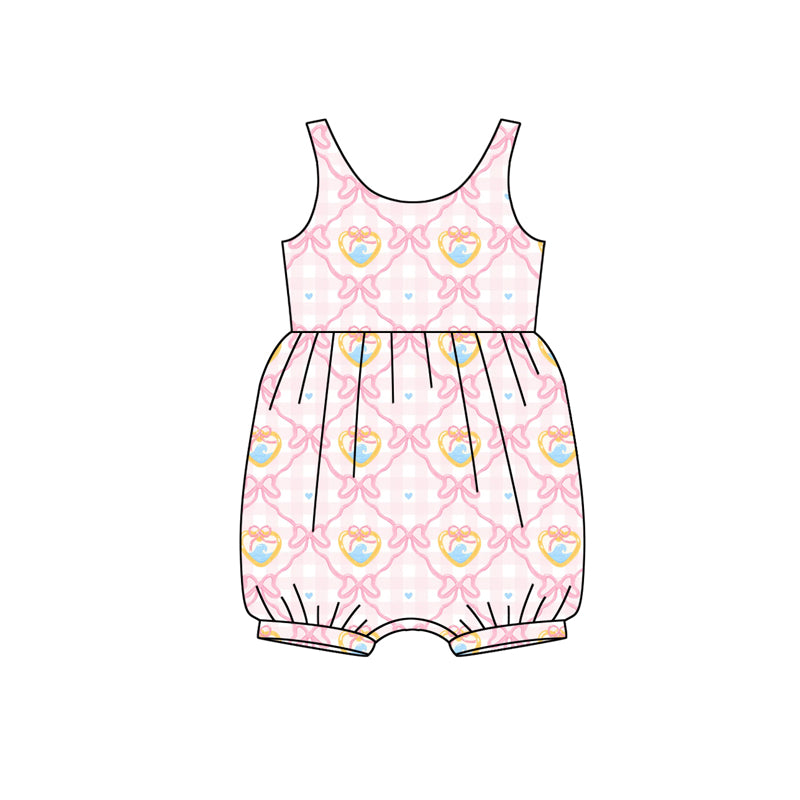 Preorder (moq 5)Baby Girls Sleeveless Pink Checked Bows Hearts Valentines Ruffle Rompers