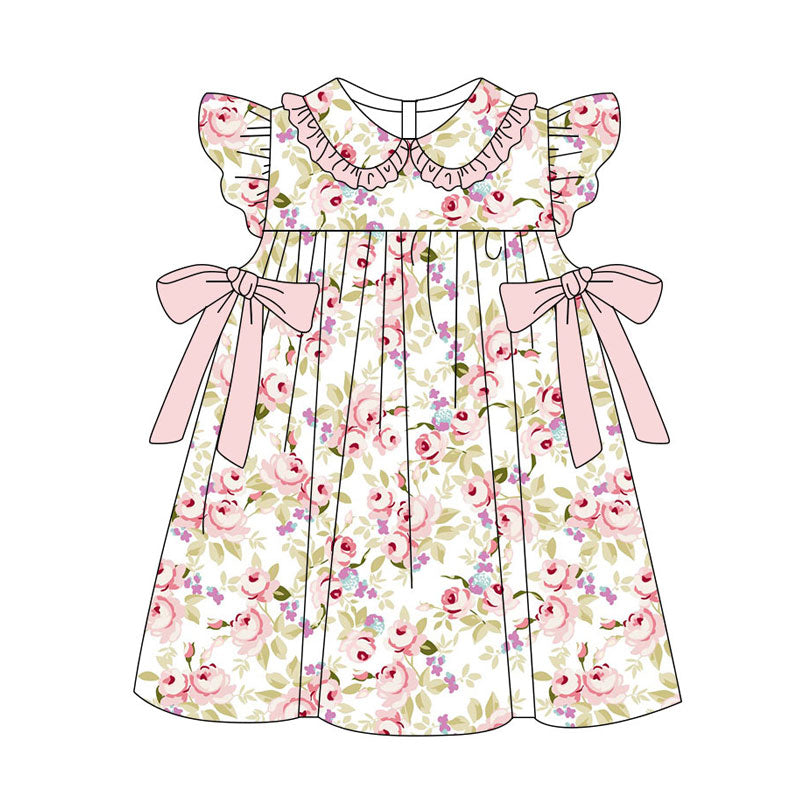 Preorder(moq 5) Baby Girls Flutter Sleeve Pink Flowers Bows Knee Length Dresses