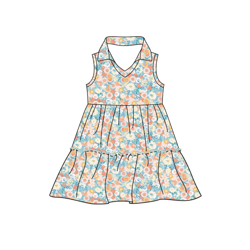 Preorder (moq 5)Baby Girls Sleeveless Colorful Floral Patchwork Knee Length Dresses
