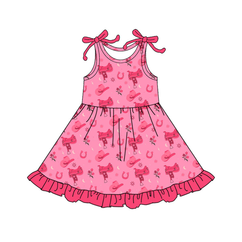 Preorder (moq 5)Baby Girls Bows Sleeveless Pink Hats Flowers Western Ruffle Knee Length Dresses