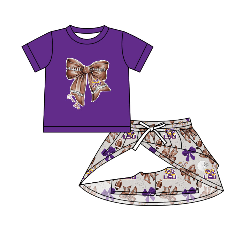 Preorder (moq 5)Baby Girls Purple Football Bows Top LSU Tigers Skirt Shorts Team Clothes Sets