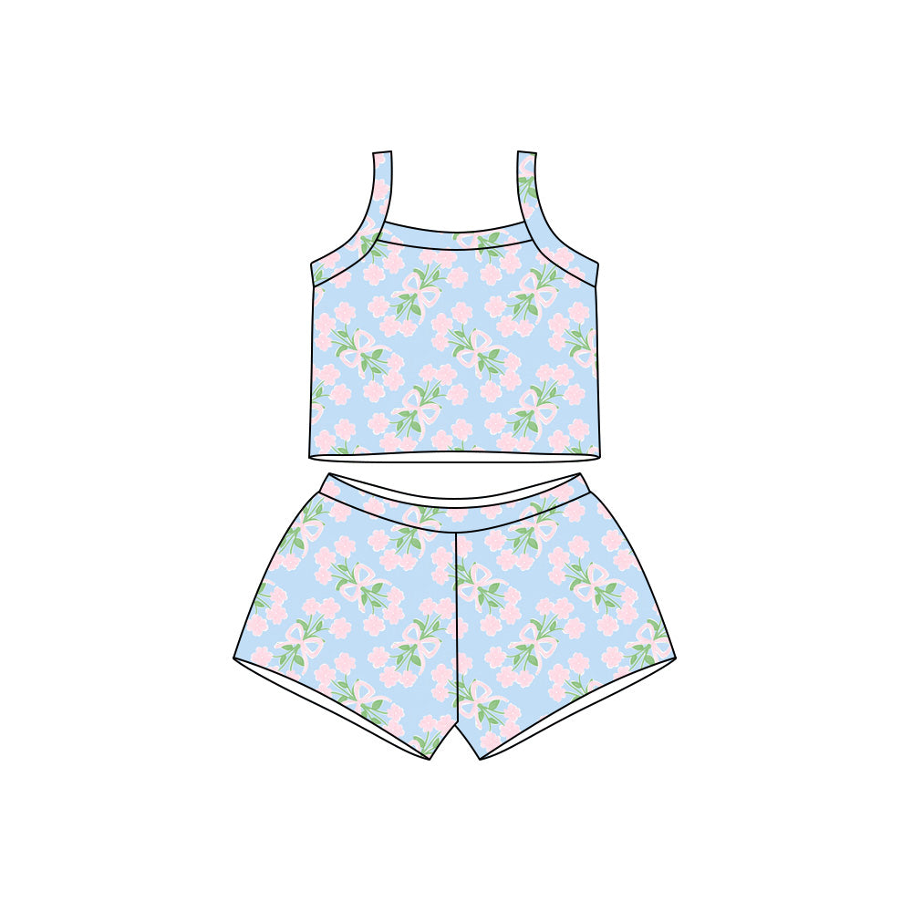 Preorder moq 5 Baby Girls Blue Strap Flowers Bows Top Short Clothes Sets