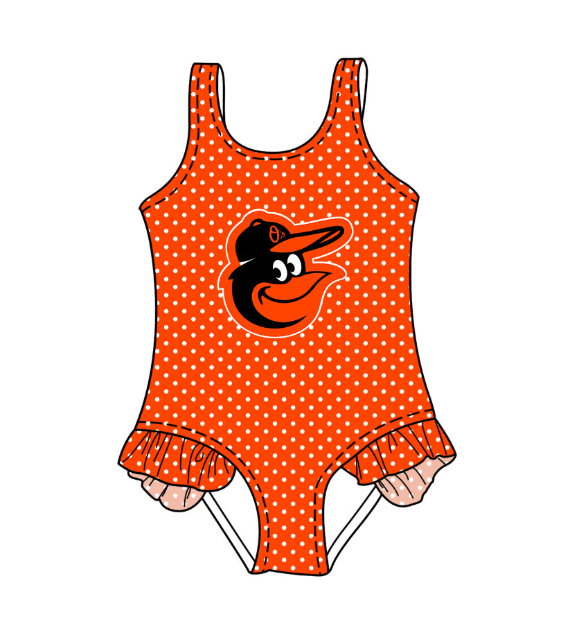 Preorder moq 5 Baby Girls Sleeveless Orange Polka Dots Team Swimsuits