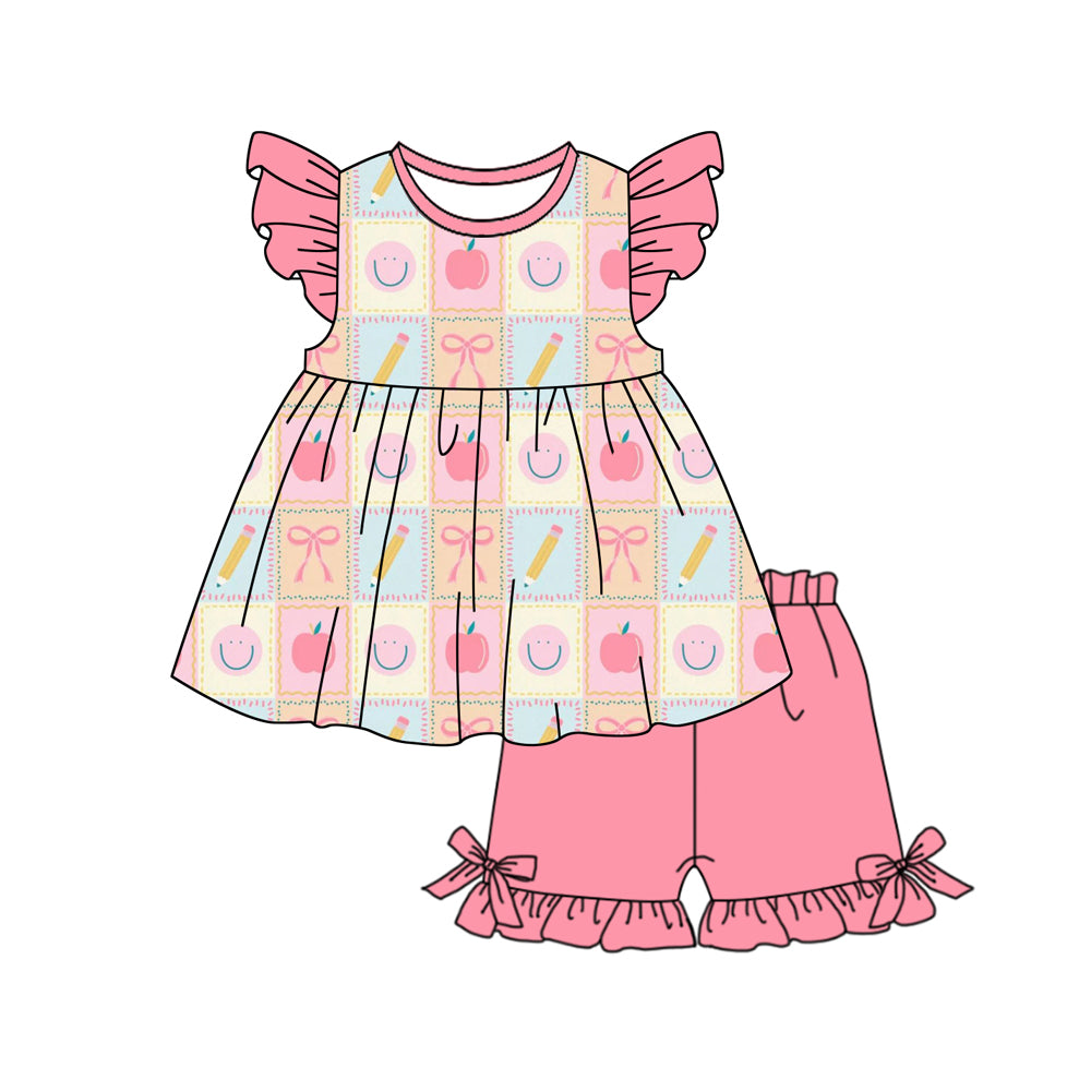 Preorder (moq 5)Baby Girls Pencil Smiles Tunic Ruffle Shorts Back to School Clothes Set