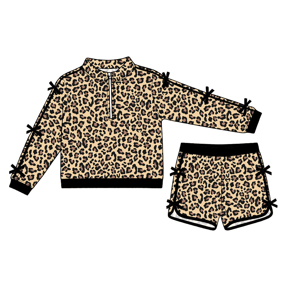 Preorder (moq5) Baby Girls Brown Leopard Bows Zip Pullover Short Clothes Set
