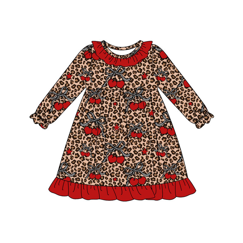 Preorder (moq 5)Baby Girls Red Cheer Bows Leopard Ruffle Knee Length Dresses
